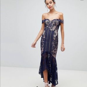 Jarlo All Over Lace Off Shoulder Fishtail Midi